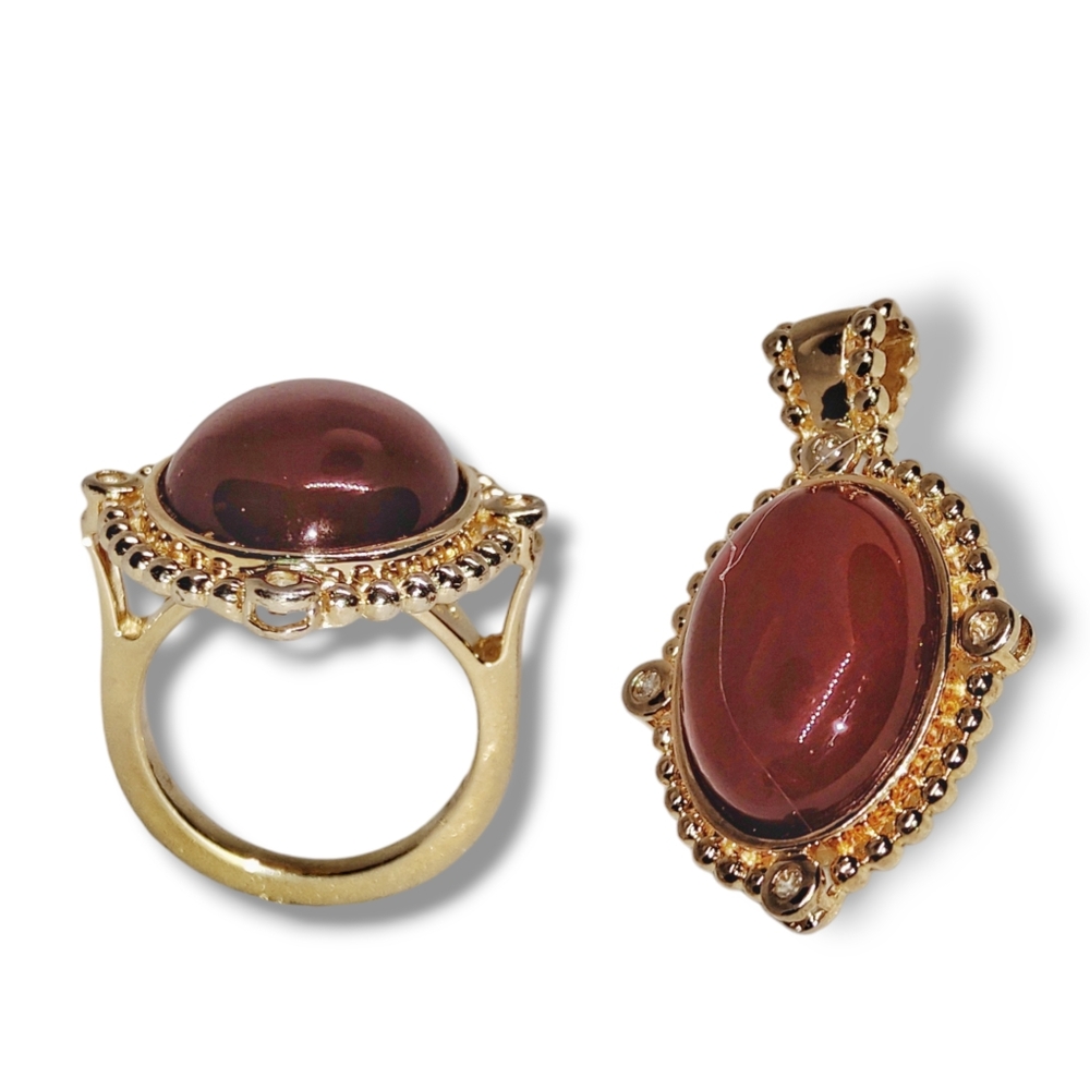 Pendant And Ring Sterling Silver Vermeil Carnelian - Picture 4 of 4